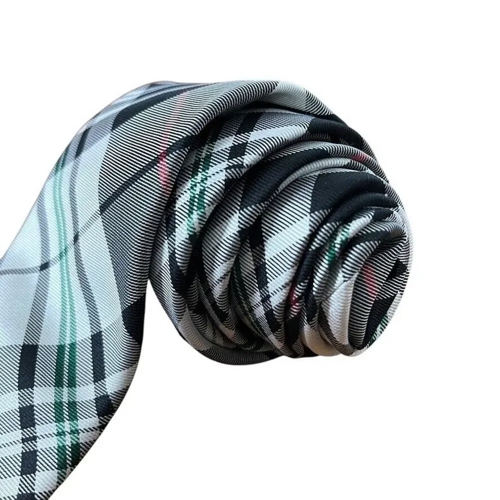 Ben Sherman Mens Hand Made 100% Silk Plaid Black Red Green Thin Neck Tie 2.75
